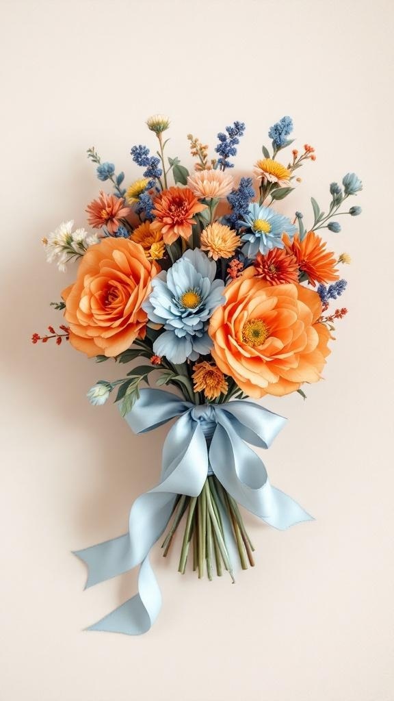 A bouquet featuring rust orange flowers with dusty blue accents and a blue ribbon.
