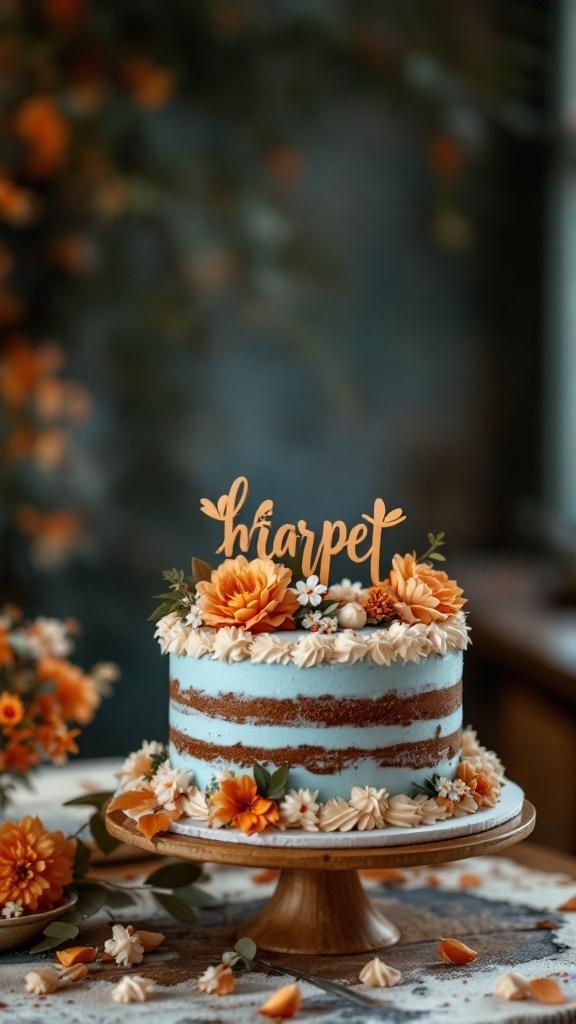 Rust orange cake topper on a layered wedding cake with dusty blue frosting and floral decorations.