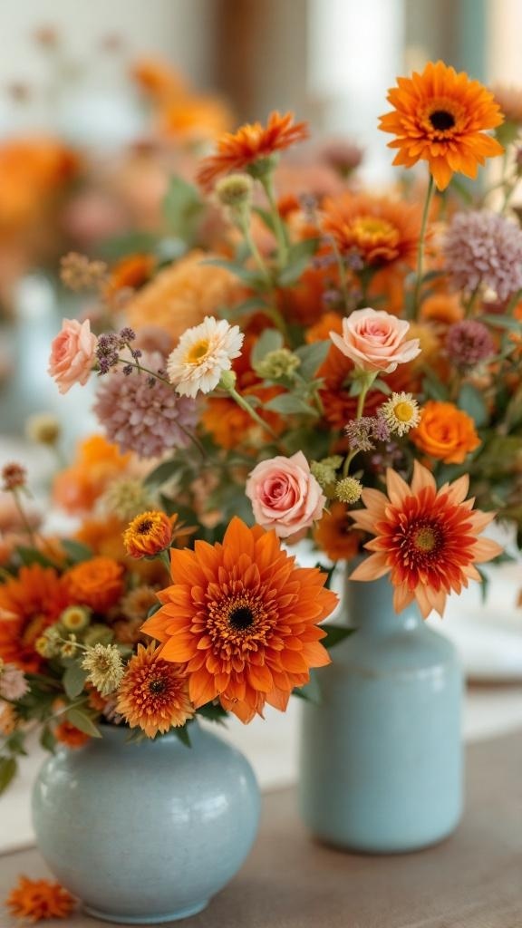 Beautiful rust orange floral arrangements in dusty blue vases