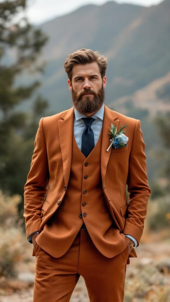 A groom in a rust orange suit with a dusty blue shirt and boutonniere, standing outdoors.