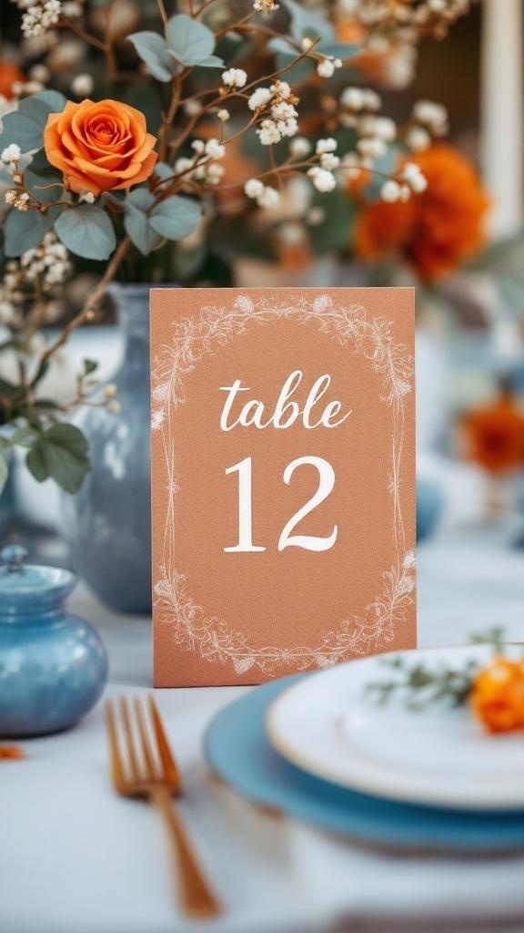 Rust orange table number with the number 12, surrounded by floral arrangements and blue tableware.