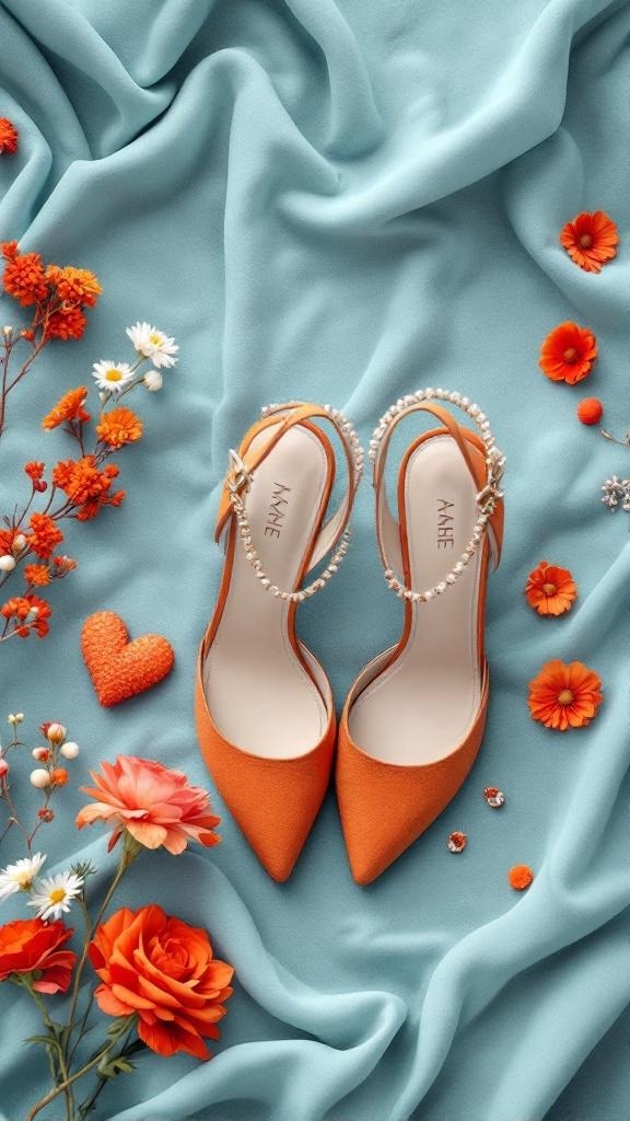 Rust orange shoes surrounded by flowers on a dusty blue fabric