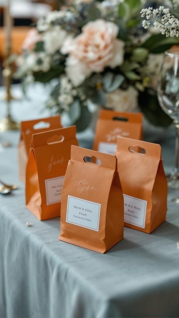 Rust orange wedding favor boxes on a table with flowers