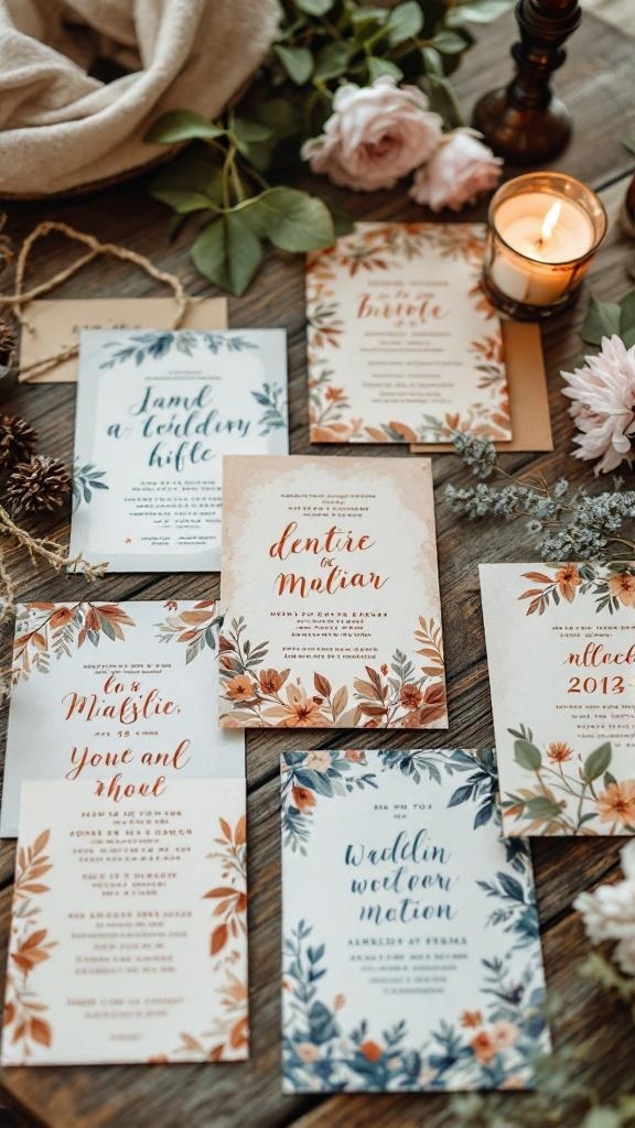 A collection of rustic wedding invitations featuring rust orange and dusty blue designs.