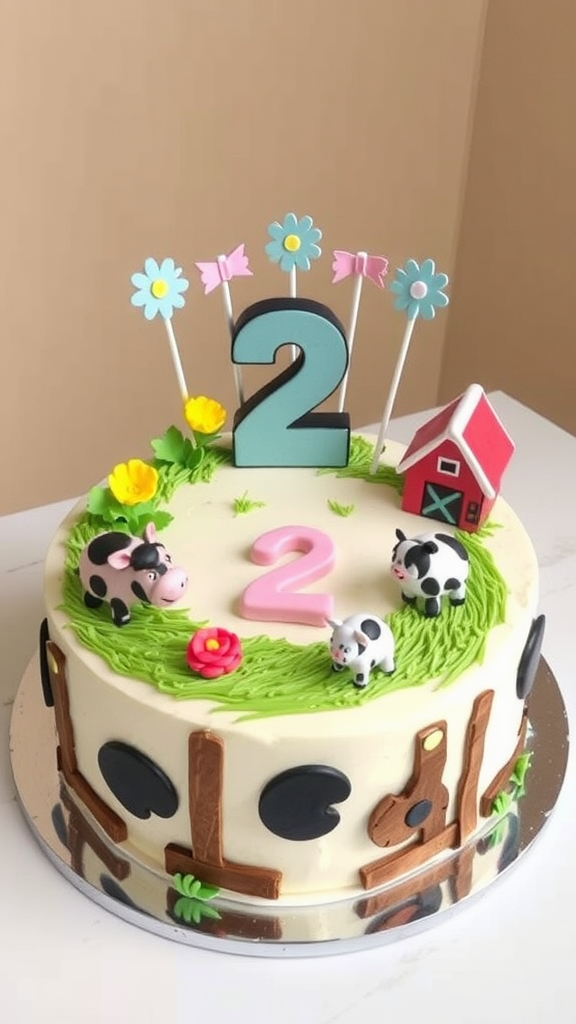 Colorful second birthday cake with farm theme and decorations