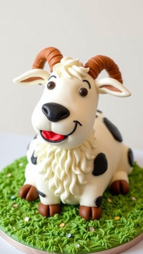 A whimsical cake designed to look like a goat, featuring a smiling face and fun details.