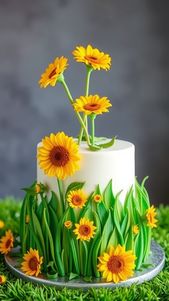 A beautifully decorated cake with sunflower designs and green grass accents.