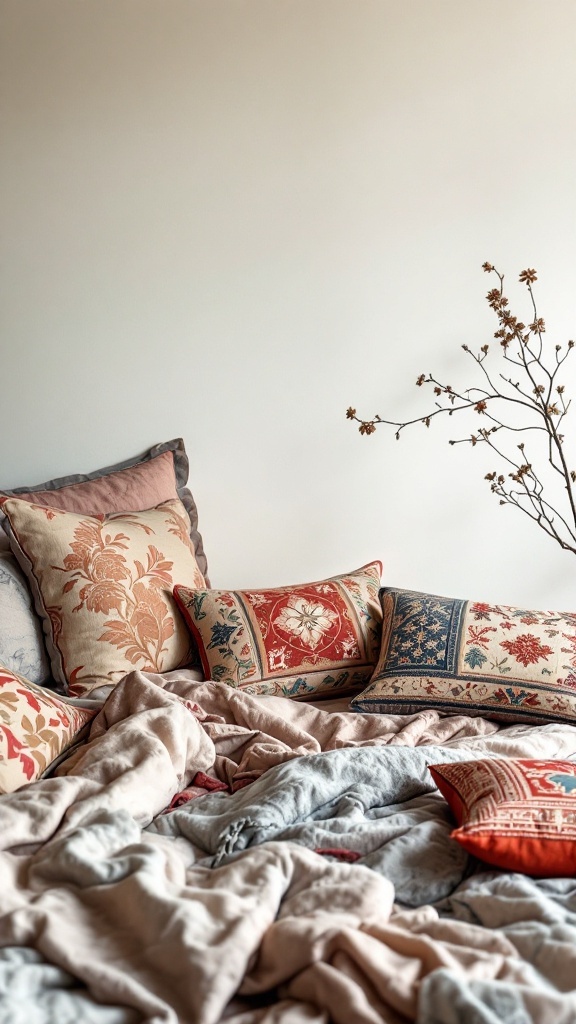 A cozy bed with traditional Korean textiles including colorful pillows and a soft blanket.