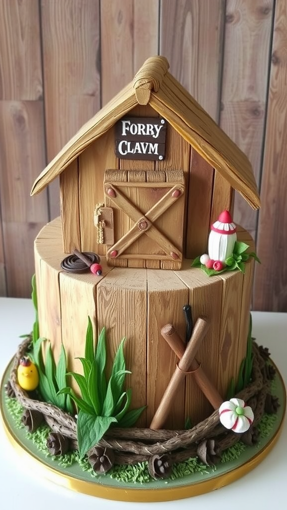 A vintage barn-shaped cake with wooden texture, greenery, and colorful decorations.