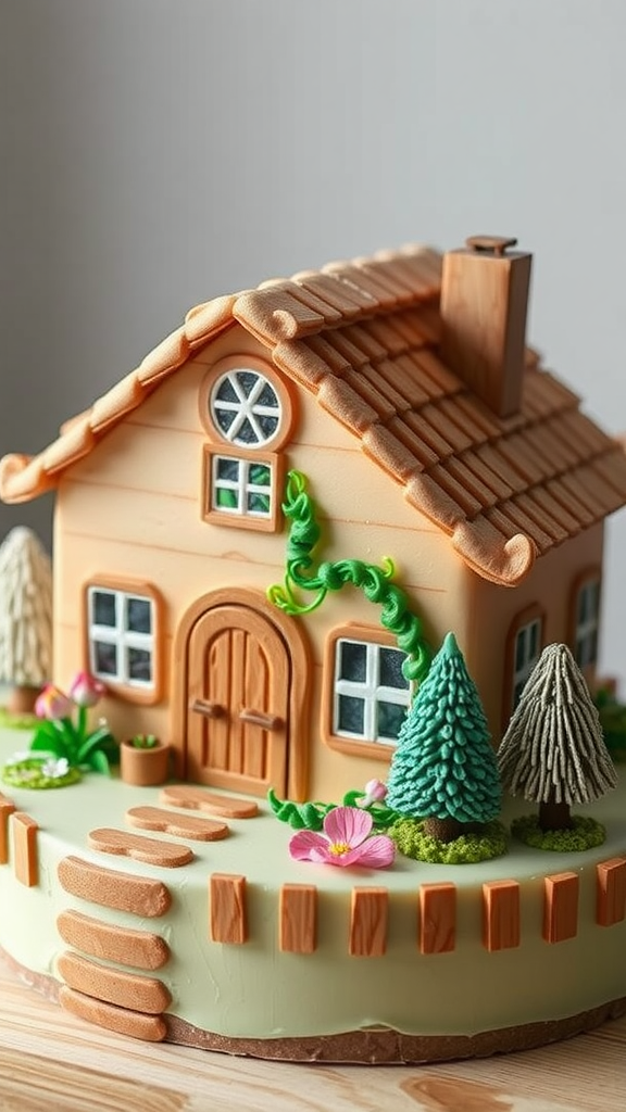 A whimsical farmhouse cake decorated with trees and flowers.