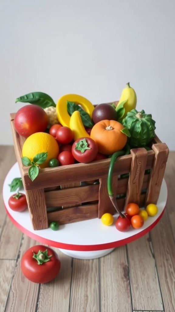 A beautifully crafted cake shaped like a wooden crate filled with colorful fruits and vegetables.