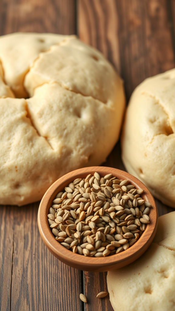 A bowl of ajwain seeds next to freshly baked bread