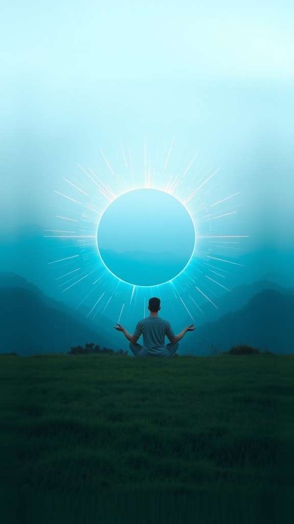 A person meditating in nature with a glowing circle above them, symbolizing energy and frequency alignment.