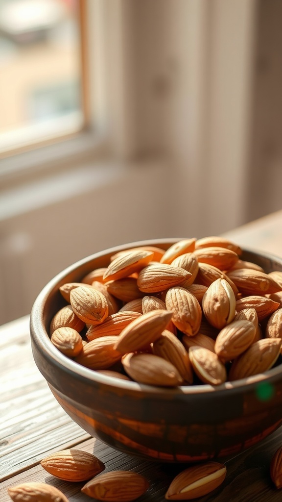 A bowl of almonds on a wooden table, with sunlight streaming in through a window.