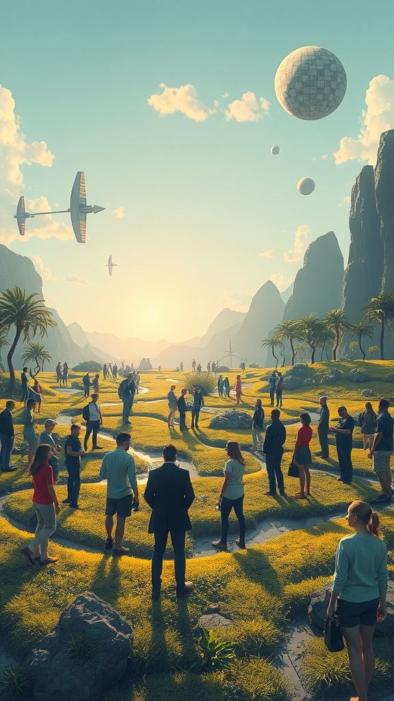 A diverse crowd in a lush landscape with floating objects and mountains in the background, symbolizing change and collaboration.