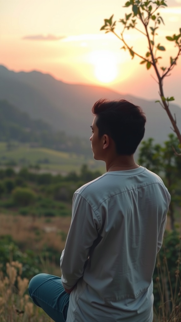 A person sitting and observing a sunset in a mountainous landscape.