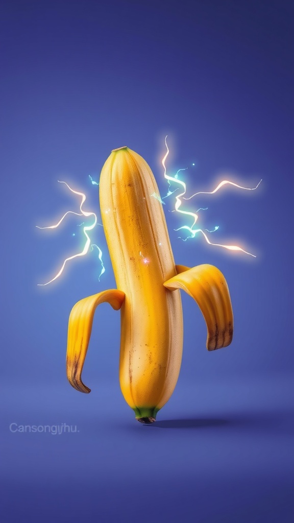 A vibrant banana with energy sparks surrounding it