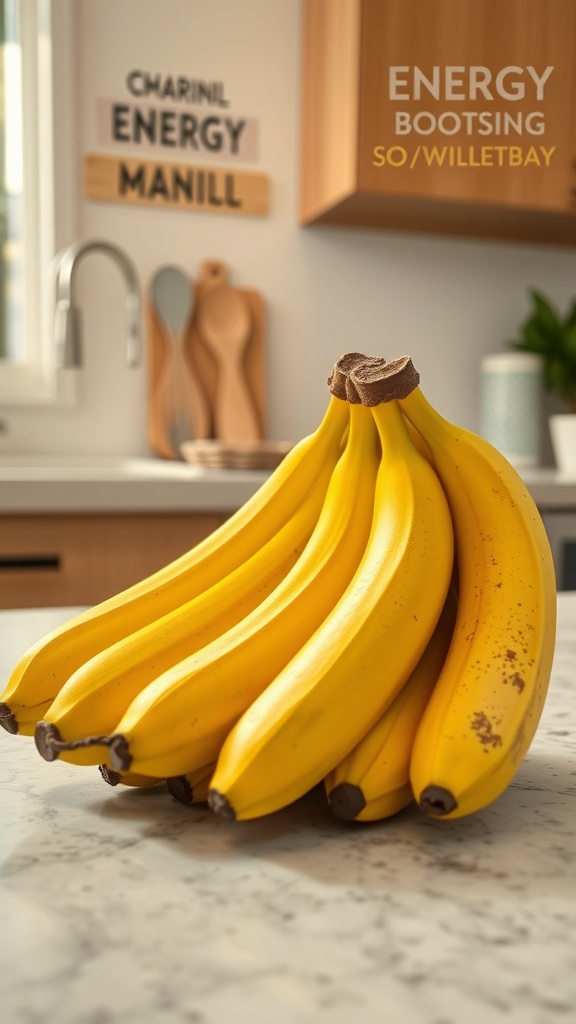A bunch of ripe bananas on a kitchen counter.