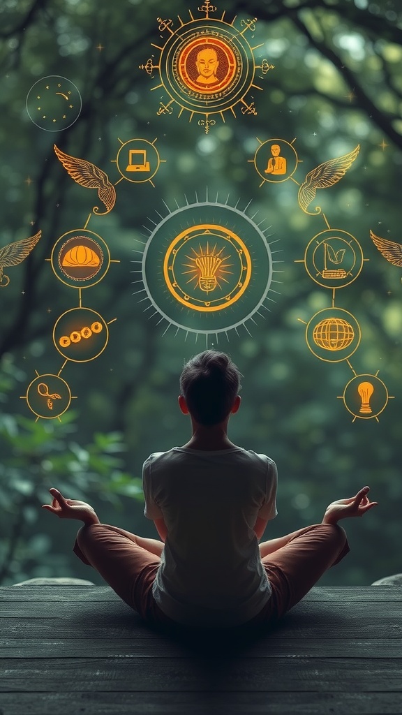 A person meditating with glowing symbols around them, representing thoughts and ideas.