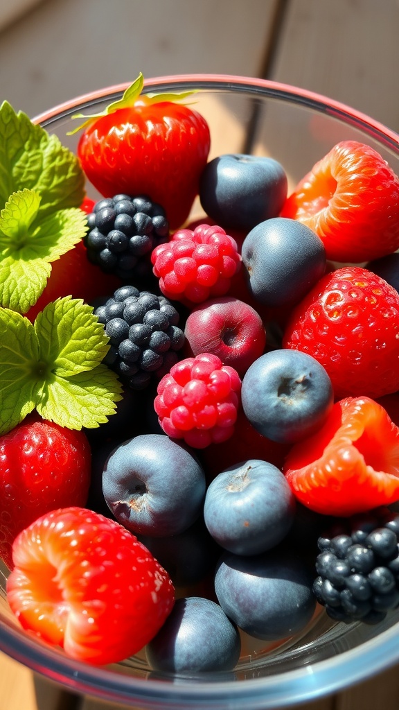 A colorful bowl of mixed berries including strawberries, blueberries, blackberries, and raspberries.