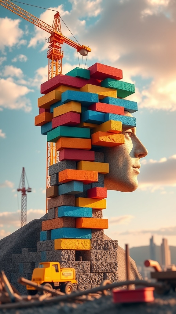 A human head made of colorful blocks with a crane in the background, symbolizing thoughts building a future.