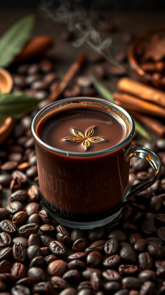 A cup of cacao elixir surrounded by coffee beans and spices