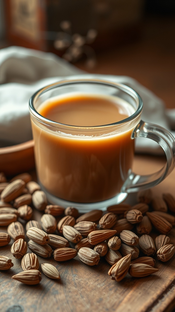 A cup of tea surrounded by cardamom pods on a wooden surface.