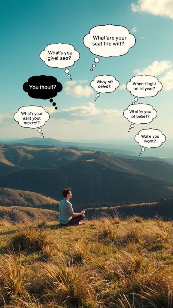 A person meditating on a hillside with speech bubbles containing various questions around them.