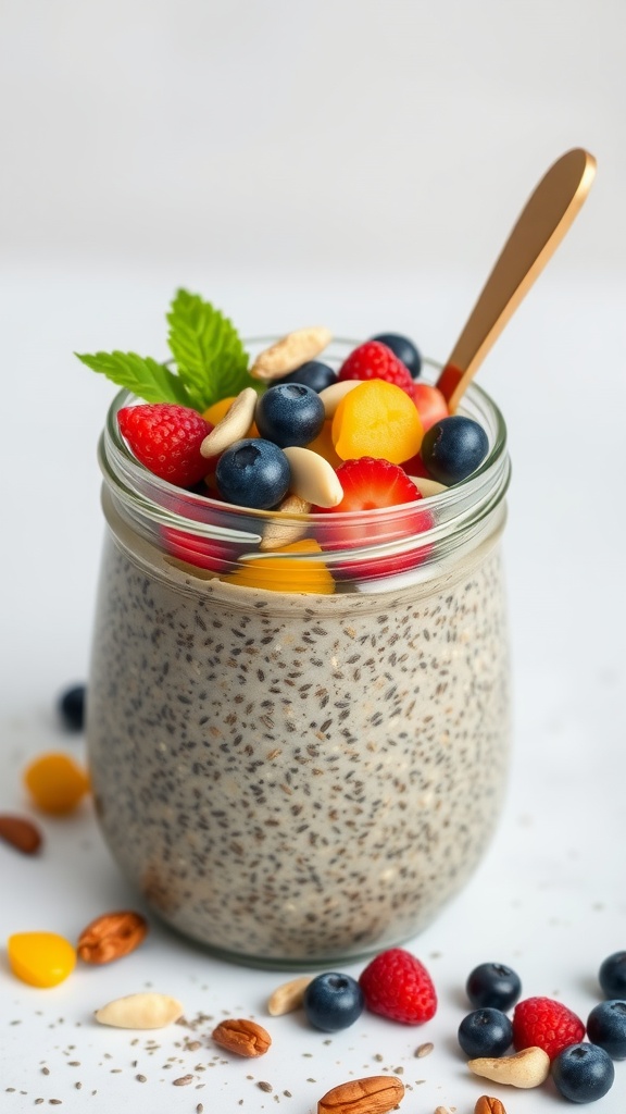 A jar of chia seed pudding topped with berries and nuts.