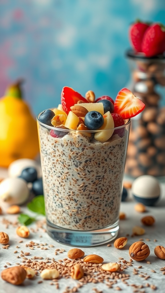 A glass of chia seed pudding topped with fruit and nuts, showcasing a healthy energy-boosting snack.