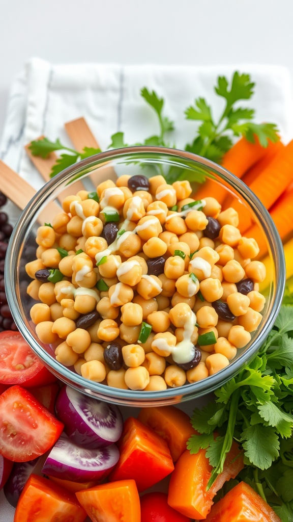 A bowl of chickpea salad with fresh veggies and lemon-tahini dressing.