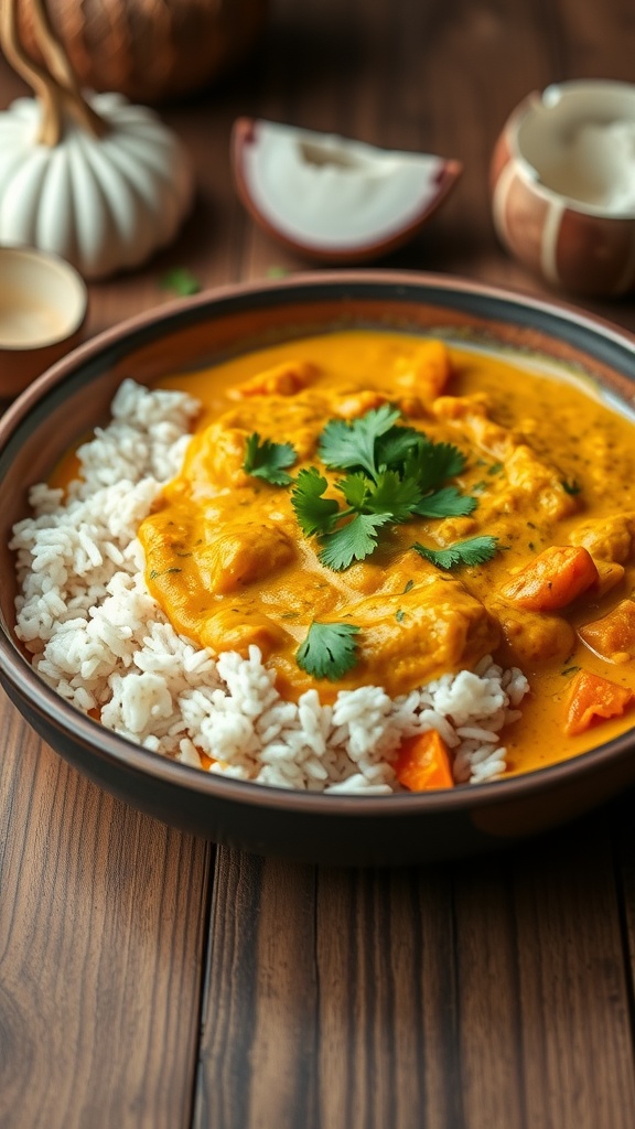 A bowl of coconut curry served with brown rice, garnished with cilantro.