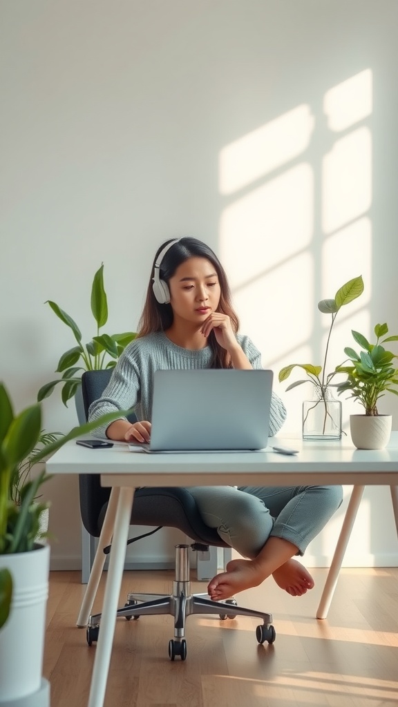 A woman working at a desk with plants, wearing headphones, looking focused.