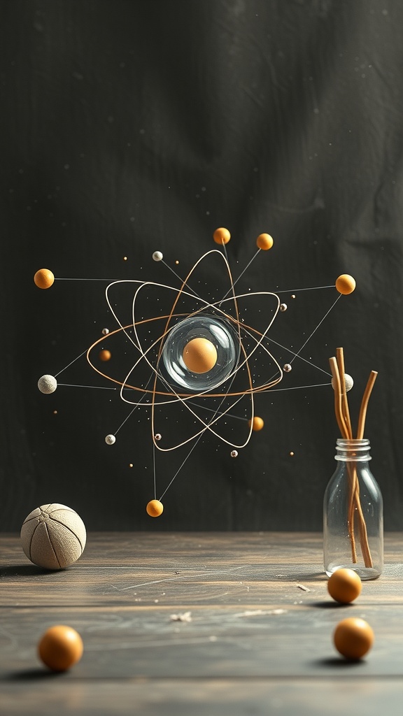 A colorful representation of an atom with spheres representing particles, alongside a basketball and wooden balls on a wooden surface.