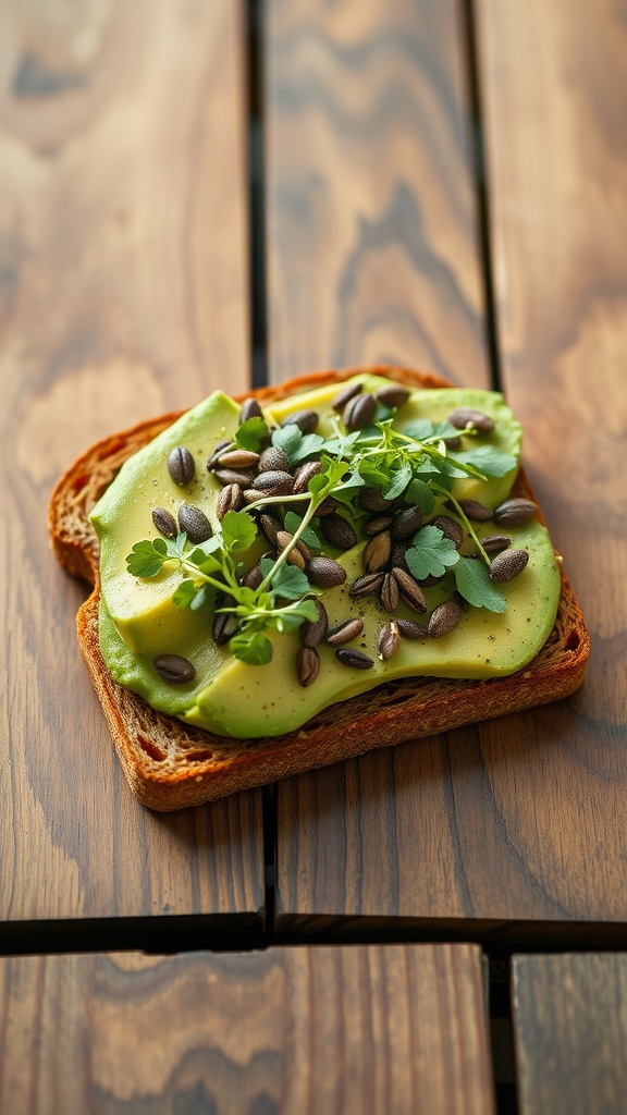 A slice of toast topped with creamy avocado, seeds, and fresh herbs on a wooden table.