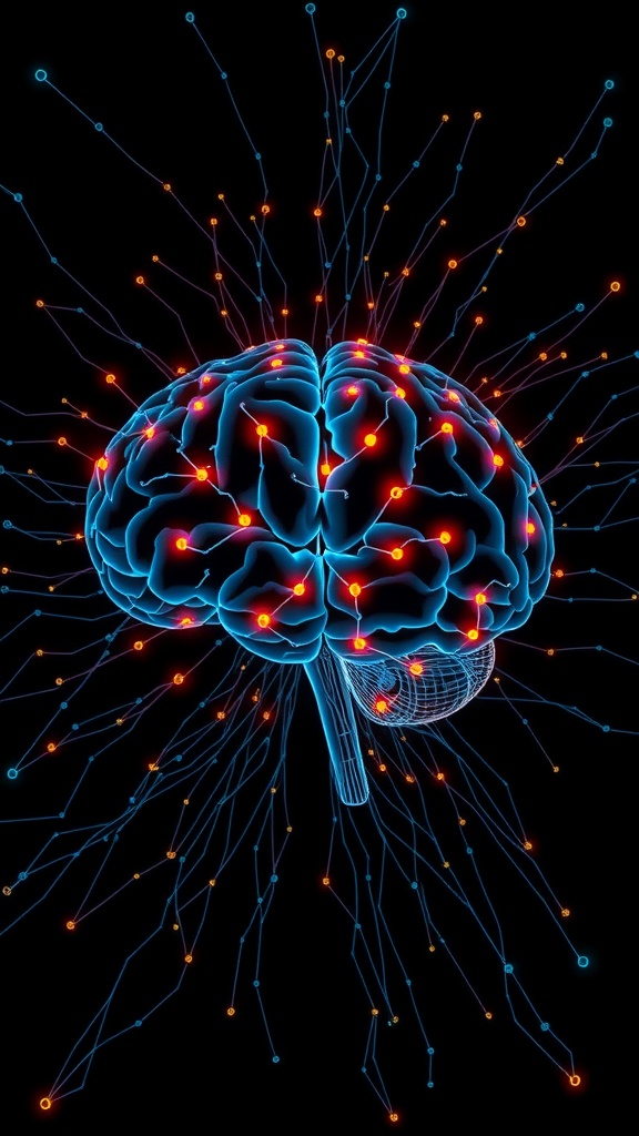 A digital illustration of a brain with glowing connections, symbolizing neural pathways.