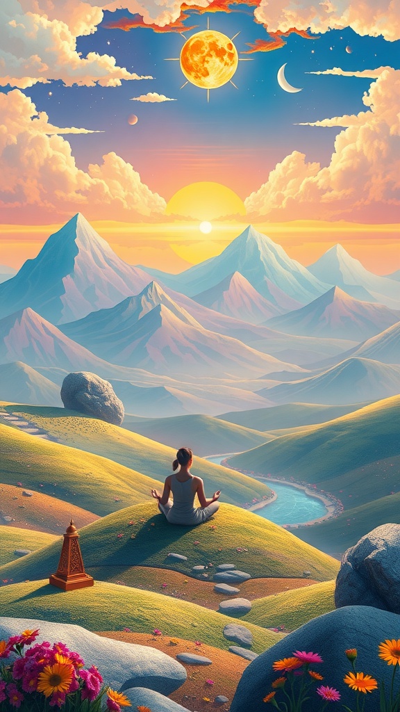 A person meditating on a hilltop surrounded by flowers, with a sunset in the background.