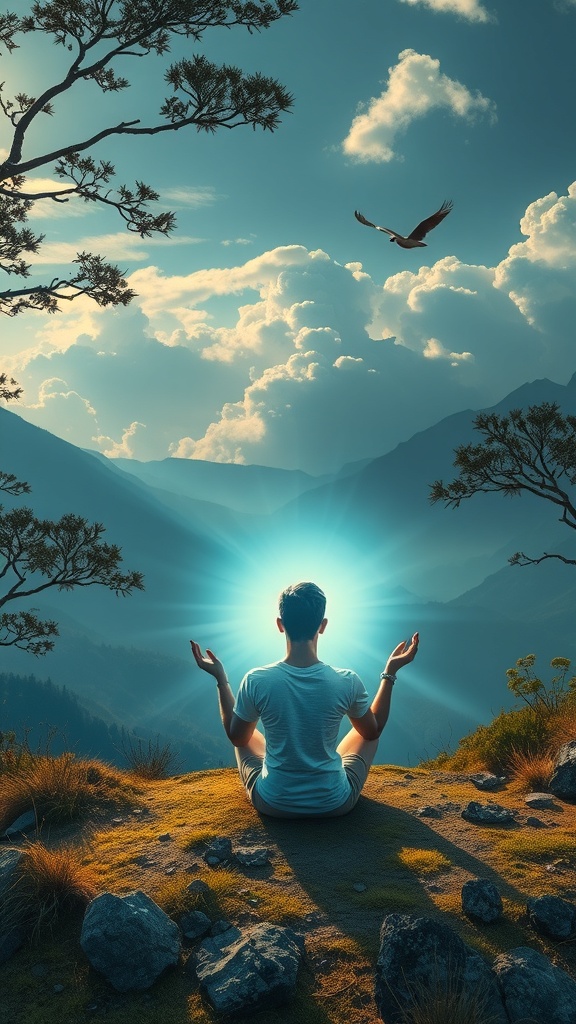 A person meditating on a hilltop with mountains in the background and an eagle flying in the sky.