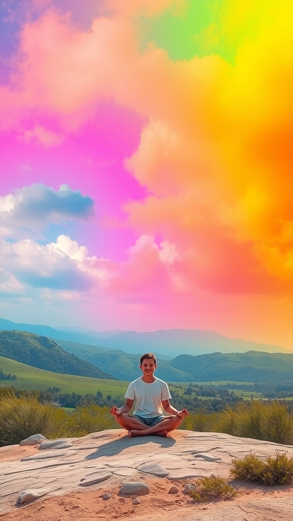 A person meditating on a rock with a colorful sky and mountains in the background.