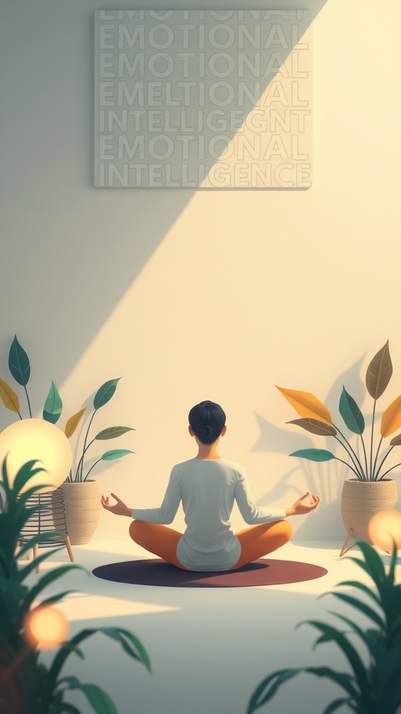 A person meditating in a serene environment with plants and soft lighting, emphasizing emotional intelligence.