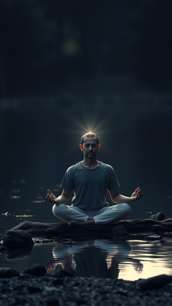 A person meditating by the water, reflecting inner peace and clarity.