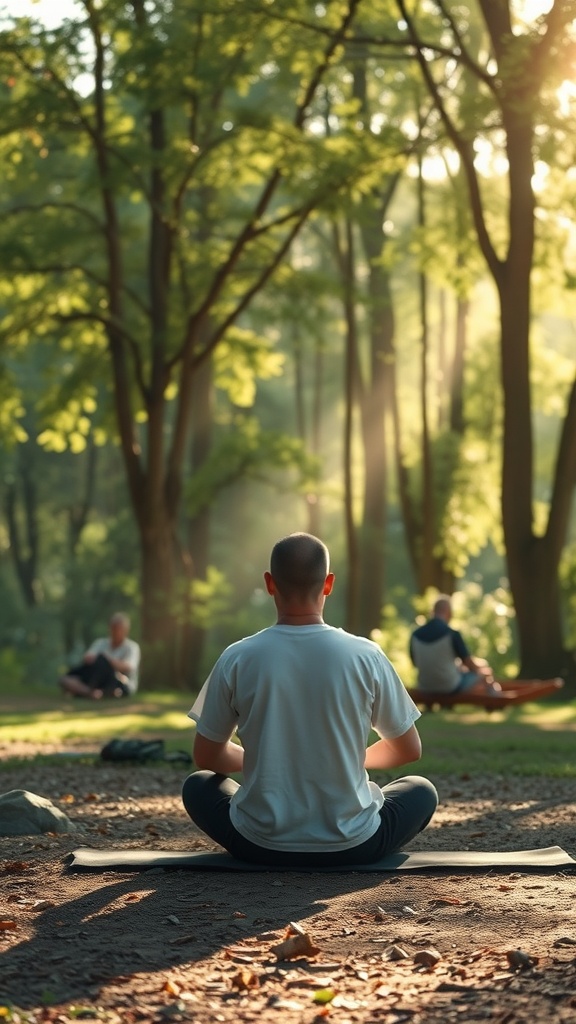 A person meditating on a yoga mat in a sunlit forest, surrounded by trees.