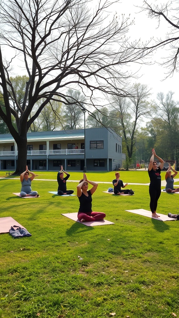 Group of people practicing yoga on mats in a green outdoor setting.
