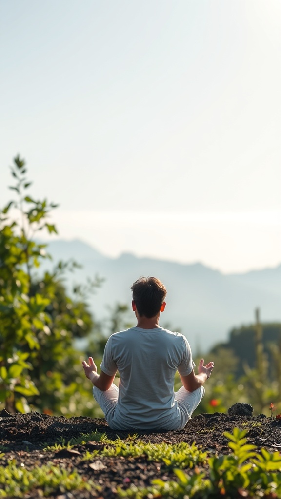A person meditating in nature, surrounded by greenery and mountains.