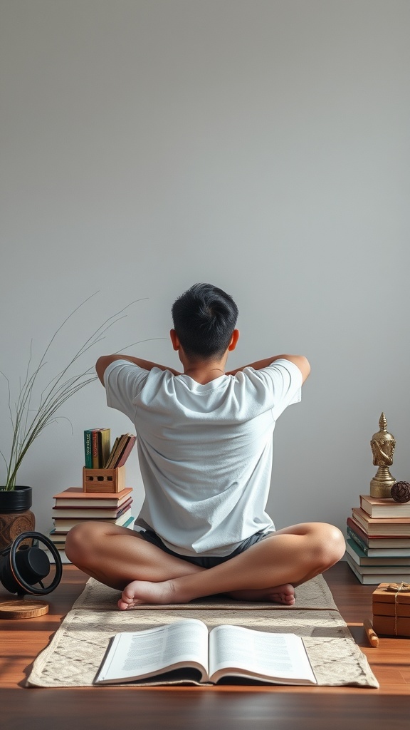 A person practicing mindfulness or meditation in a serene setting, surrounded by books and decorative items.