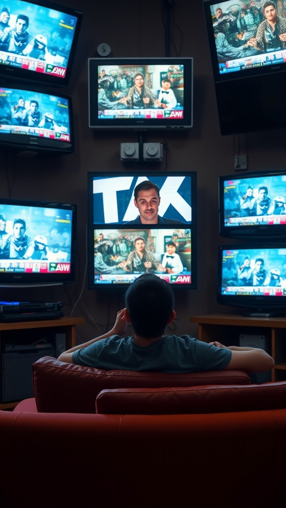 A young person sitting in a cozy chair, watching multiple televisions displaying various images and news programs.