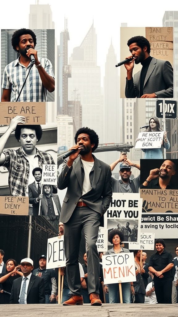 A collage of protest scenes featuring a speaker with a microphone, surrounded by diverse individuals holding signs, capturing the spirit of activism.
