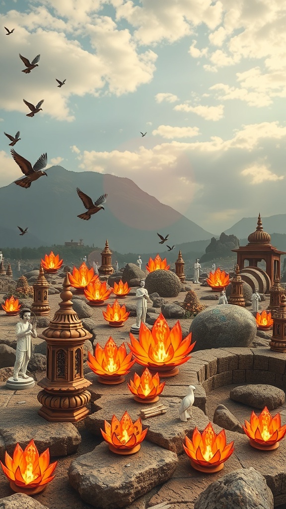 A serene landscape with glowing lotus flowers, statues, and mountains under a cloudy sky, symbolizing energy and spirituality.