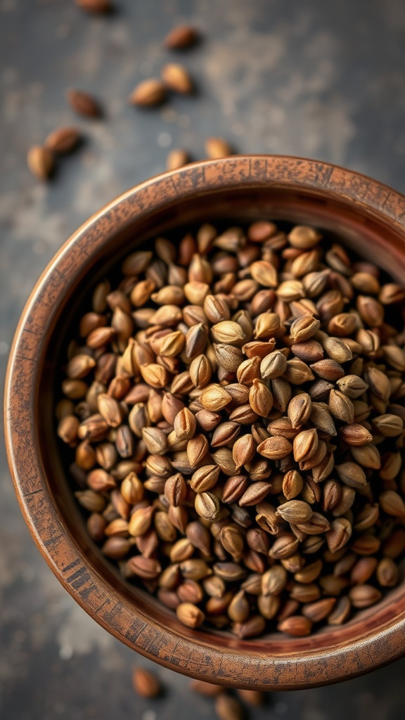 Close-up of cumin seeds in a wooden bowl
