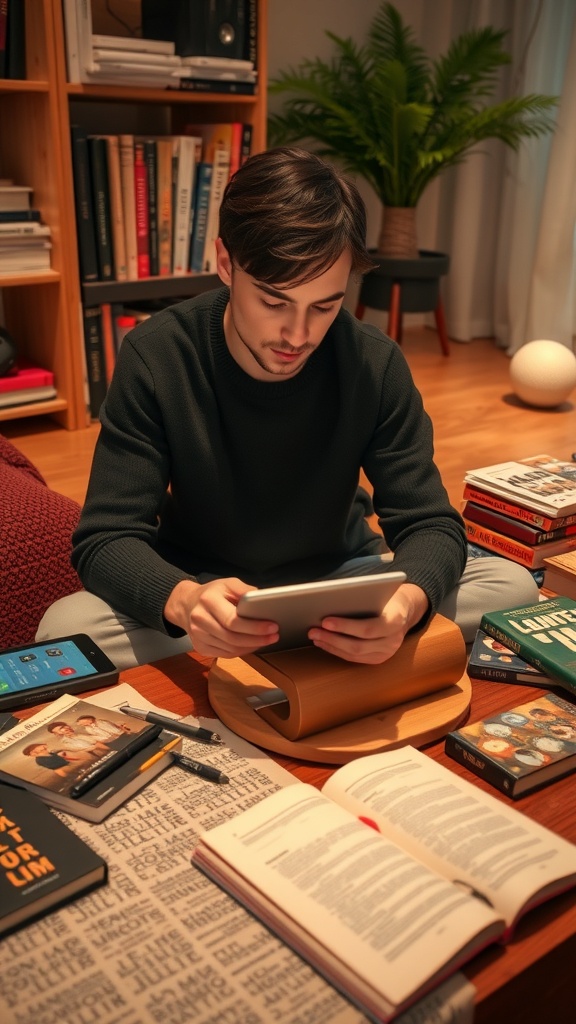 A person sitting on a couch, using a tablet, surrounded by books and writing materials.